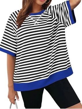 NWOT Striped Short-Sleeve Top with Royal Blue Trim LARGE Free People Vibes